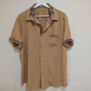Men's Large Short-Sleeve Casual Shirt - Tan with Plaid Trim